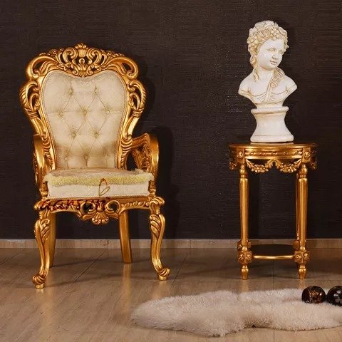 Gold Baroque Ivory Tufted Throne Chair