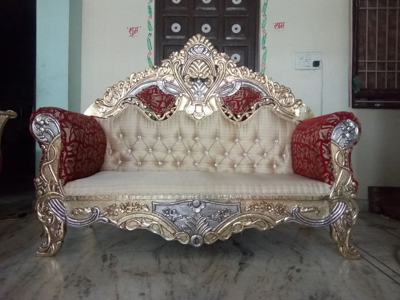 Maroon & Ivory Silver Carved Sofa