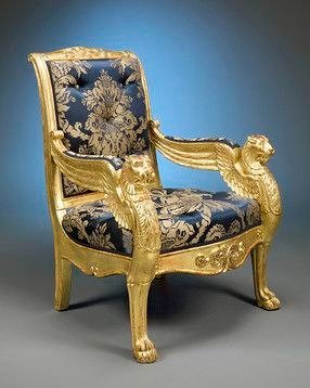 Winged Lion Gold Carved Damask Armchair