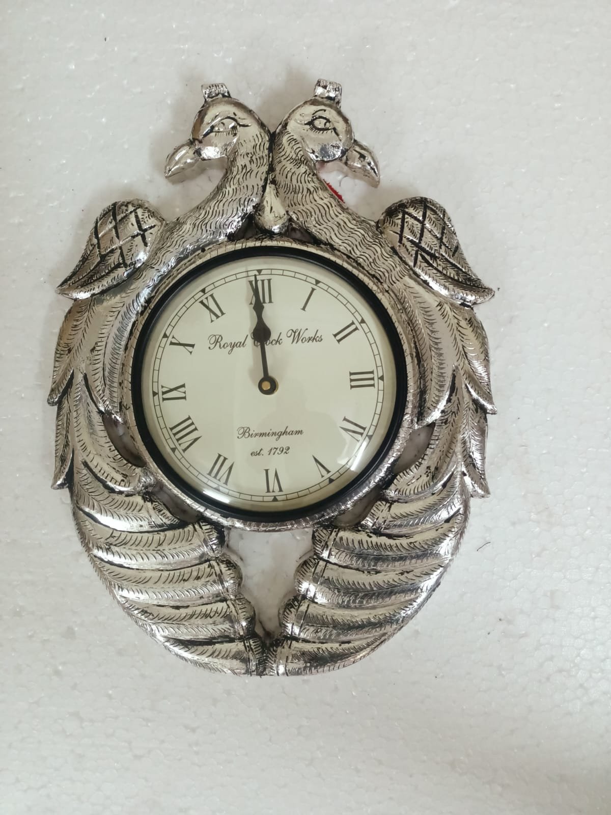 Twin Peacock Silver Wall Clock Dial Size 8 inch
