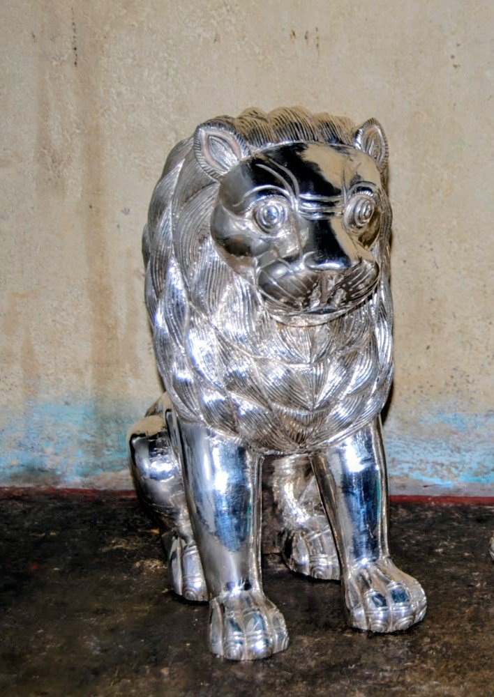 Silver Plated Lion Guardian Sculpture (Simha)