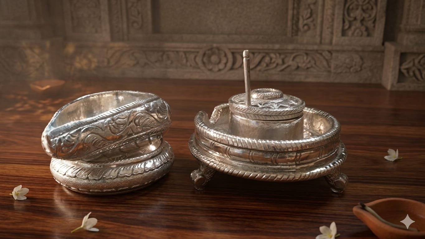 Silver Plated Chowki & Kumkum Box Puja Set