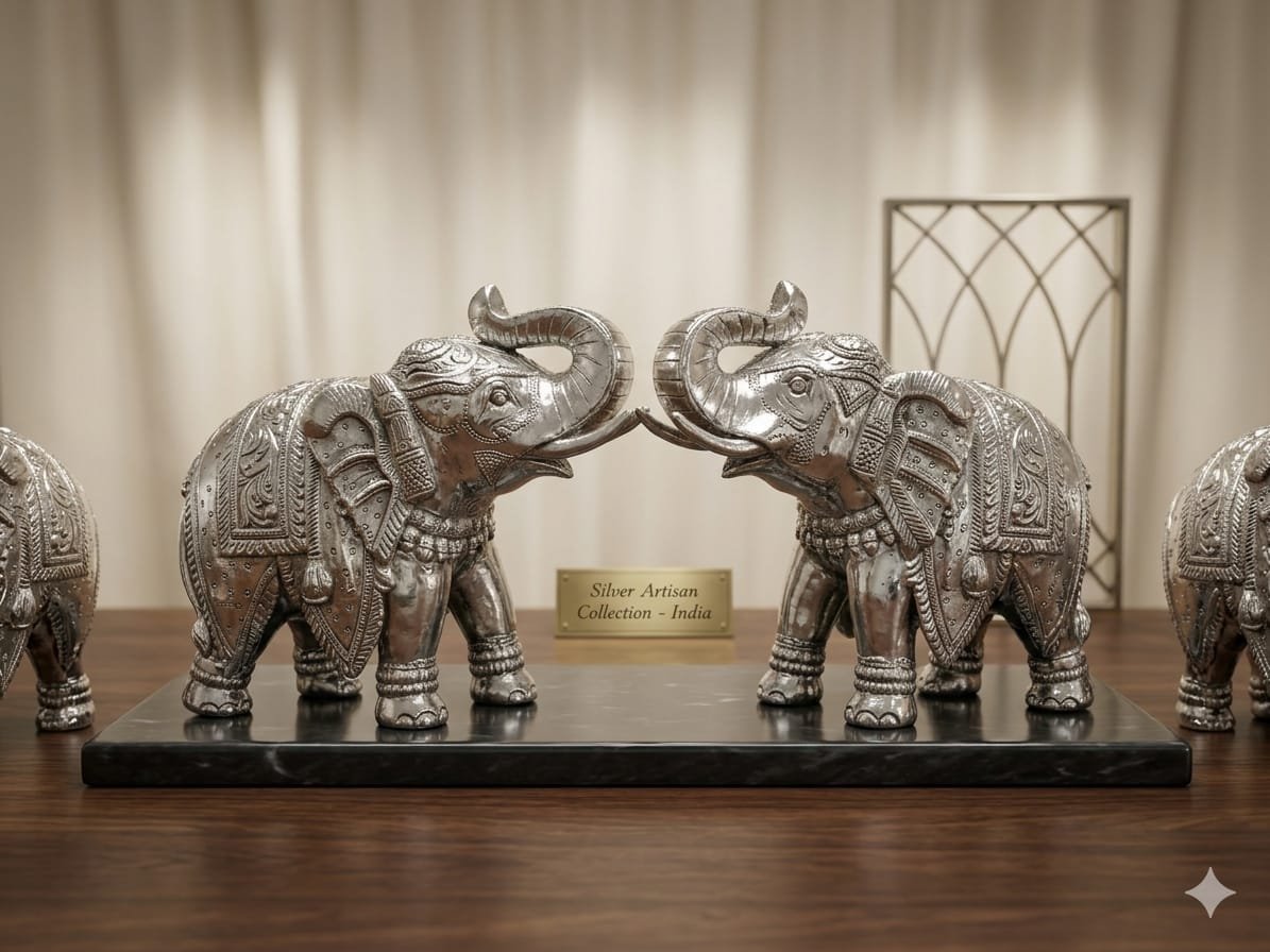 Silver Plated Elephant Pair Showpiece
