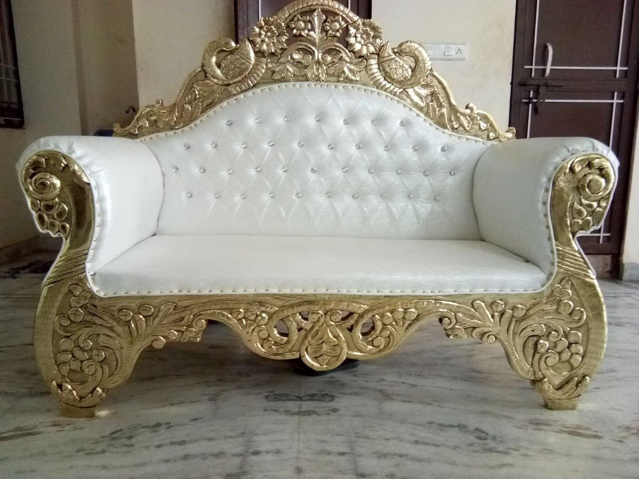 White Tufted Gold Carved Wedding Sofa