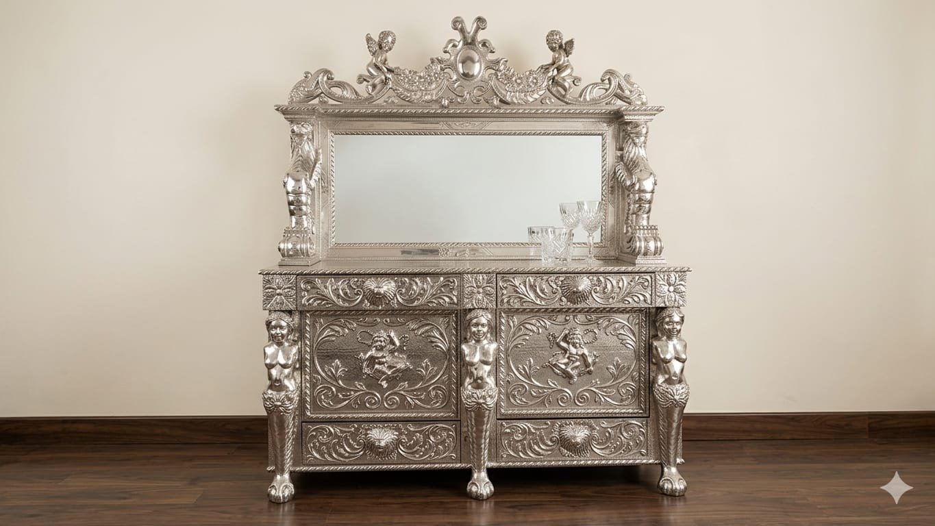 German Silver Ornate Mirror Sideboard